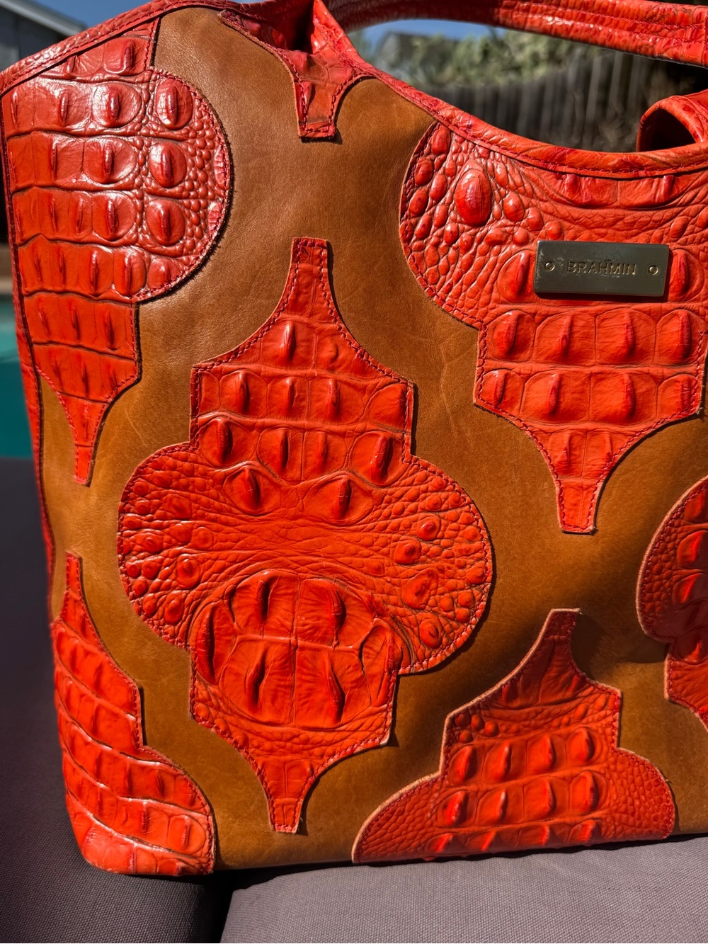 Brahmin Burnt Orange Croc Embossed Leather Extra Large Shopper Tote Bag w/Duster - Picture 5 of 16